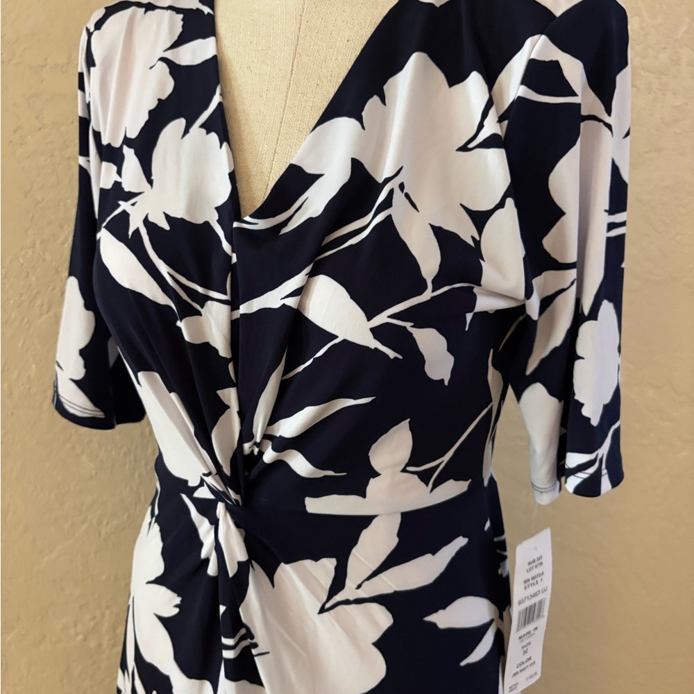 MSK Twist Front Navy Blue Floral V-Neck Midi Dress Sz Med NWT - Picture 8 of 11